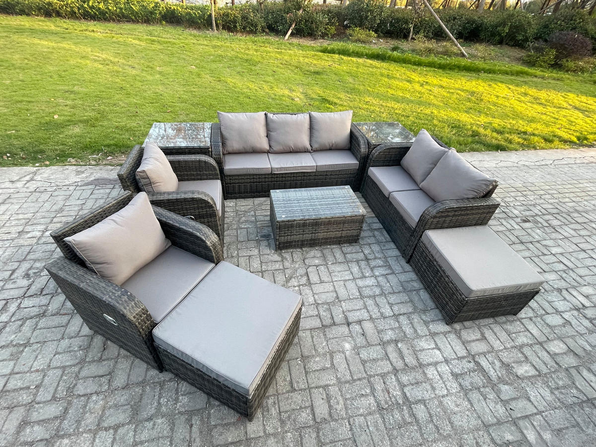 GARTENMÖBELSET mit Couchtisch Polyrattan 9-Sitzer - Dunkelgrau/Grau, Glas/Kunststoff - Fimous