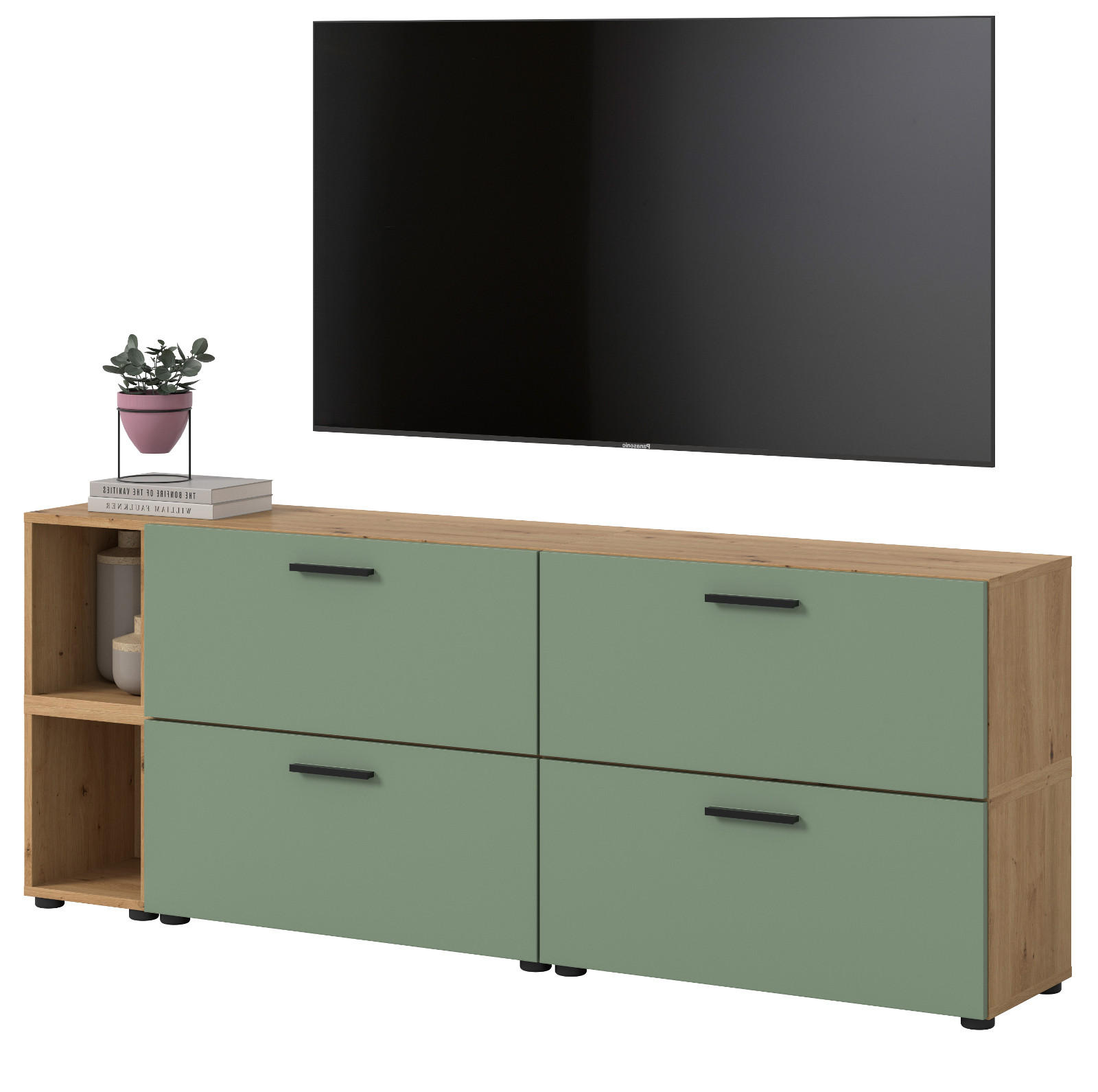 TV-LOWBOARD Grün, Eiche Artisan 176 cm, Fernsehtisch hängend / stehend - Schwarz/Eiche Artisan, Holzwerkstoff/Kunststoff (176/67/34cm) - Inn.Furn