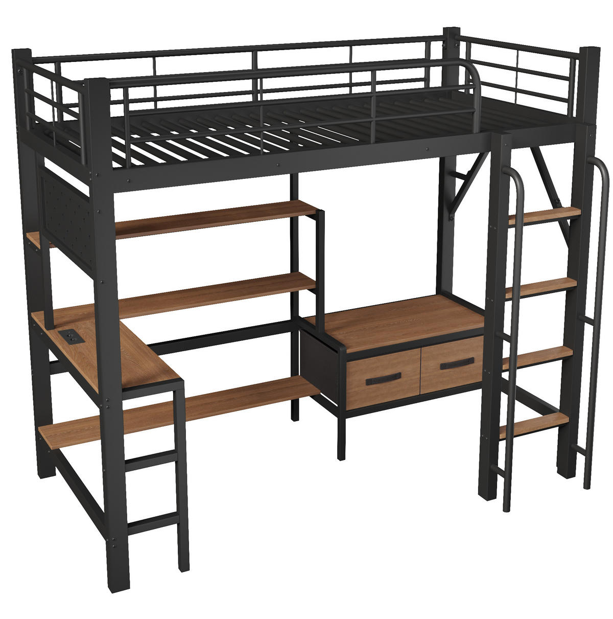 HOCHBETT aus Stahl und MDF 90x200 cm Schwarz mit Schreibtisch, LED-Beleuchtung und Stauraum - Schwarz, Holzwerkstoff (90/200cm) - Modfu