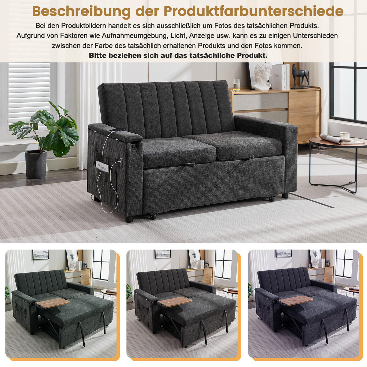 SCHLAFSOFA 140/84.5/84 cm Grau mit Klapptablett, USB & Type-C Ladeanschluss, Seitentaschen und Rollen - Grau, Textil (140/84/84.5cm) - Oxeza