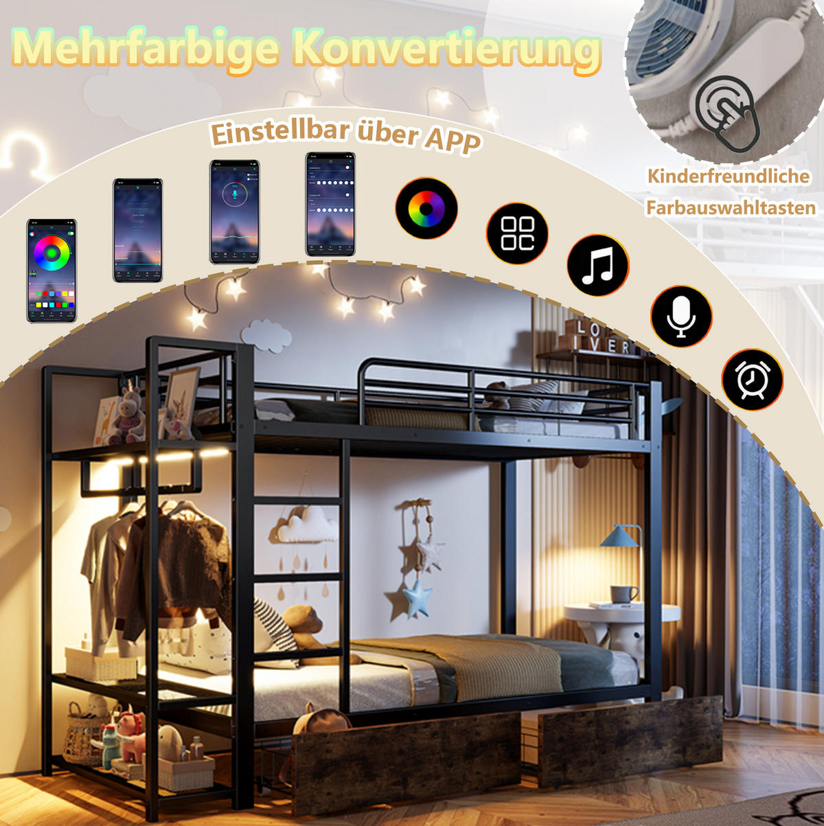ETAGENBETT 90/200 cm mit LED-Lichtleiste, 2 Schubladen, Regalen und Kleiderstange, Schwarz - Schwarz, Metall (90/200cm) - Redom