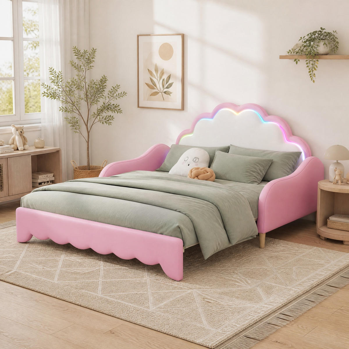 POLSTERBETT 140/200 mit LED und PU in Rosa,umwandelbar in eine Liegefläche - Rosa, Holzwerkstoff/Textil (140/200cm) - EVRYAE