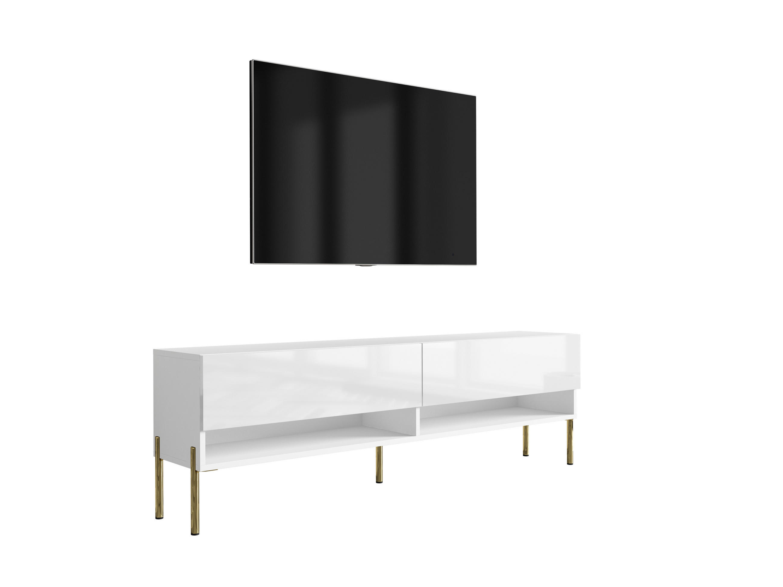 TV-LOWBOARD 170 cm Mattweiß / Hochglanzweiß, gerade goldene Beine, 170 × 32 × 52 cm - Weiß, Holzwerkstoff (170/52/32cm) - 3XE LIVING