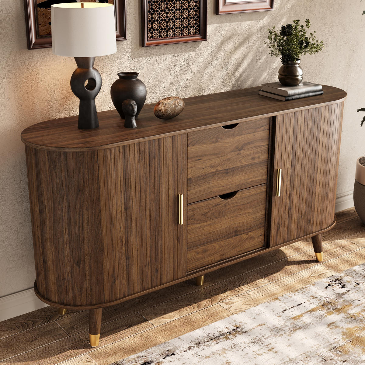 SIDEBOARD vertikale Maserung Schiebetüren 2 Schubladen modern - Walnussfarben, Holzwerkstoff (40/79.5/140cm) - FLIEKS