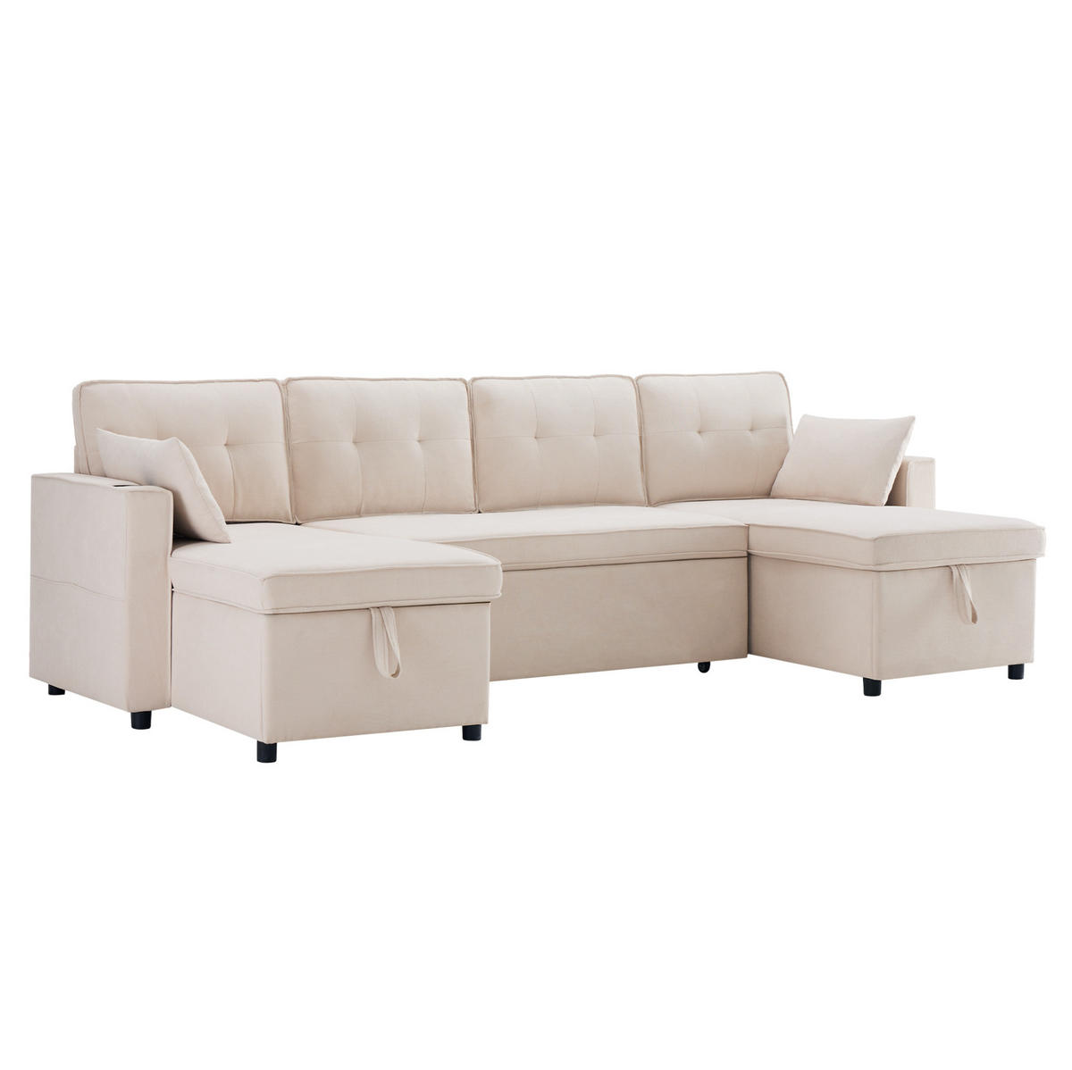 SCHLAFSOFA U-Form, Baumwoll-Leinenstoff mit Stauraum & Getränkehaltern, 270/130/86 cm, Beige - Beige, Textil (130/86/270cm) - Redom