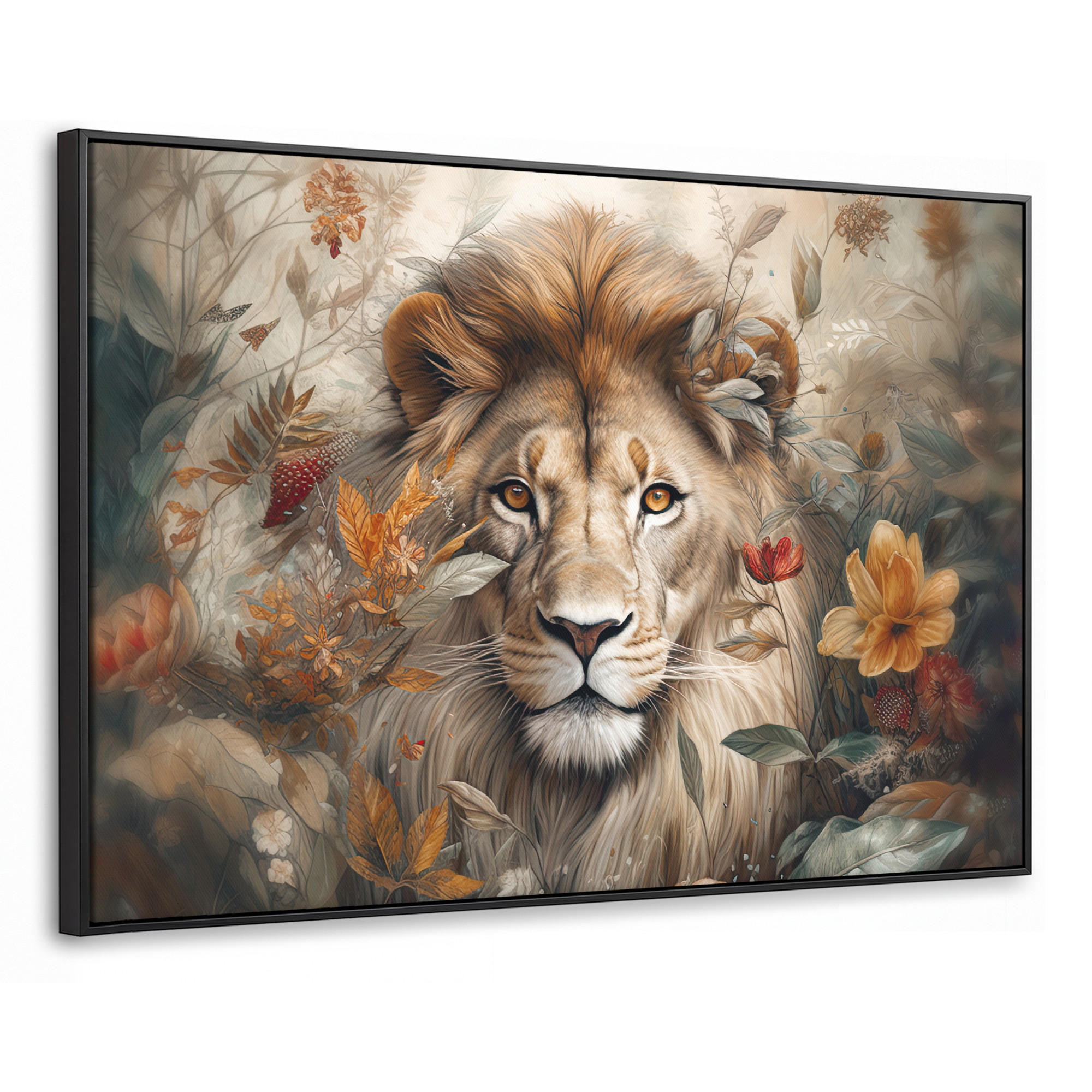 LEINWAND Bilder mit Rahmen - Löwe - Wildtiere - Pflanzen - Natur - Blumen - 120x80 - Beige, Textil (120/80cm) - MuchoWow