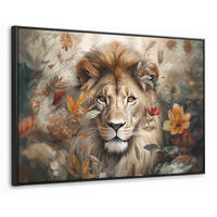 LEINWAND Bilder mit Rahmen - Löwe - Wildtiere - Pflanzen - Natur - Blumen - 120x80 - Beige, Textil (120/80cm) - MuchoWow