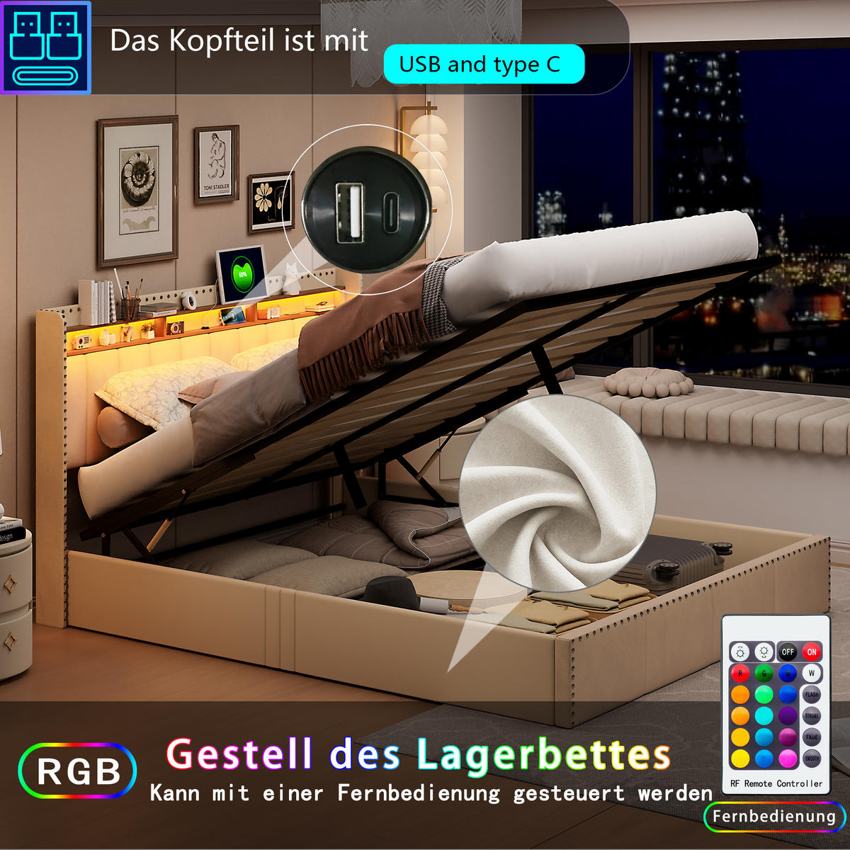 POLSTERBETT 140x200 cm, Beige, Boxspringbett mit Stauraum, 2 USB, LED - Beige, Textil/Metall (140/200cm)