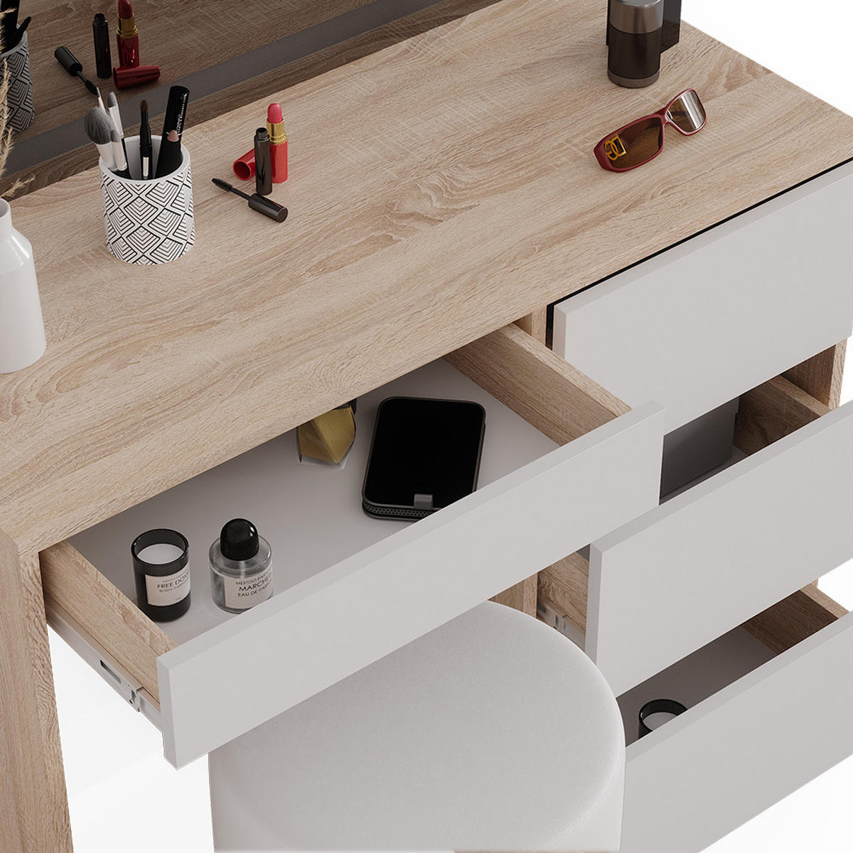 SCHMINKTISCH Sherry Sonoma 90 cm mit LED-Spiegel und Hocker - Weiß/Sonoma Eiche, Holzwerkstoff (90/75/40cm) - Vicco