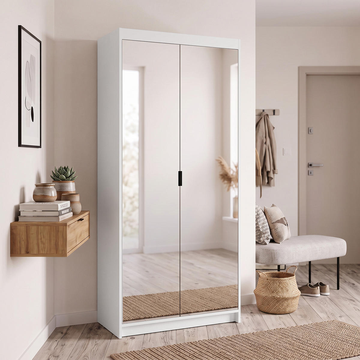 SKŘÍŇ S OTOČNÝMI DVEŘMI Elena se 2 dveřmi a 2 zrcadly, 90 cm, bílá - bílá, kompozitní dřevo (90/190/53cm) - Beautysofa