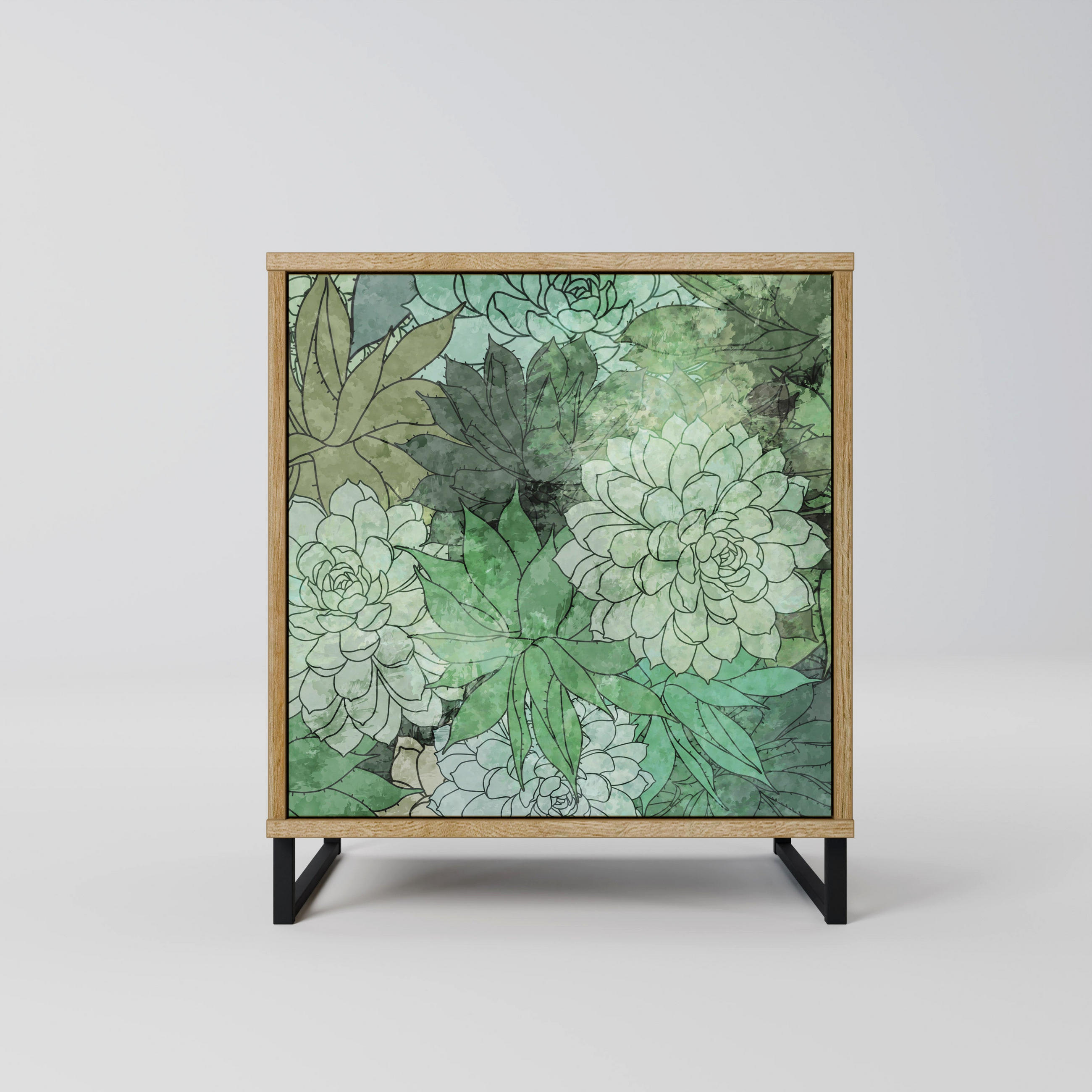 SIDEBOARD SUCCULENT CLUSTER, Eichefarben, 57,5x42x67,5 cm, Schwarze Metall-Rahmenfüße - Eichefarben/Multicolor, Holzwerkstoff/Metall (57.5/67.5/42cm) - SpaceRebels