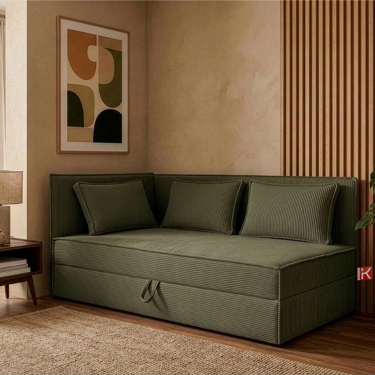 JUGENDBETT ROTI Einzelbett mit Bettkasten, 90x200cm, Bett mit Bonellmatratze, mit Rückenlehne - Schwarz/Olivgrün, Holz/Holzwerkstoff (92/200cm) - KONSIMO®
