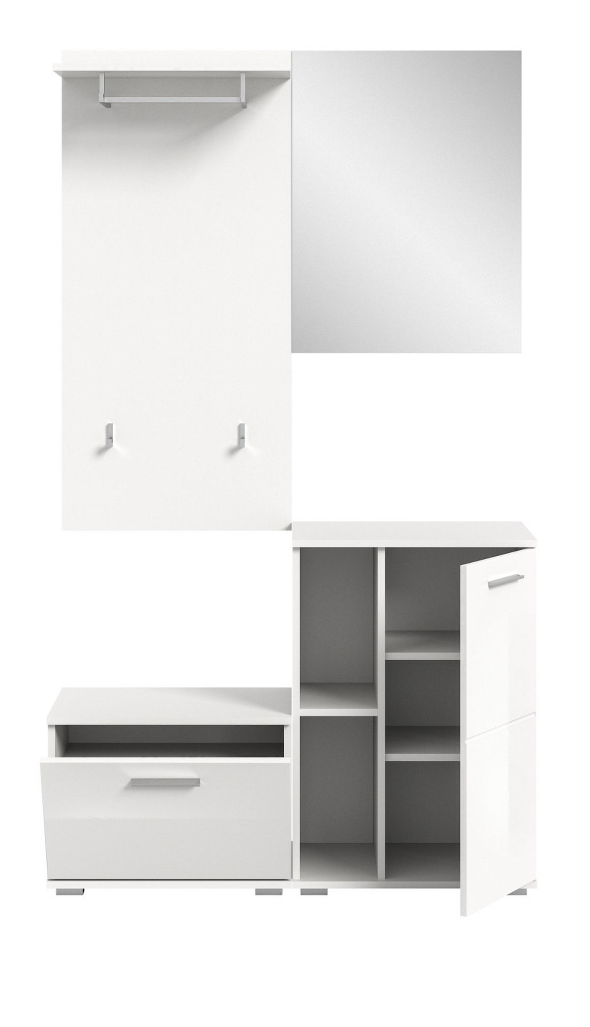 GARDEROBE Set 4-teilig weiß Hochglanz 110 cm, Kombination mit viel Stauraum - Weiß Hochglanz/Silberfarben, Glas/Holzwerkstoff (110/191/37cm) - Inn.Furn