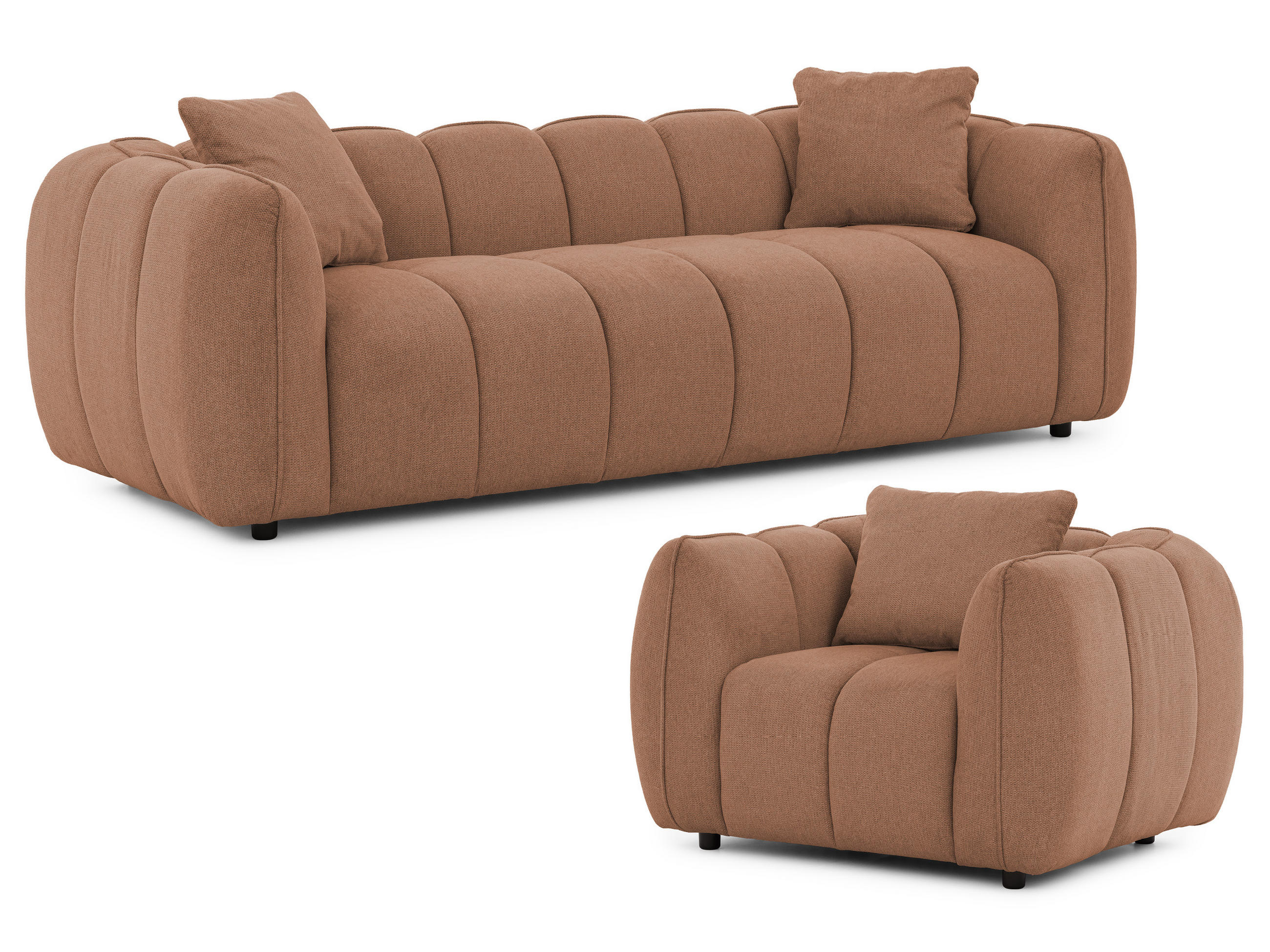 S-Style SEDACÍ SOUPRAVA 3+1 Nubira v hluboce prošívaném designu Bubble z měkké strukturované látky v terakotové barvě s moderním vzhledem