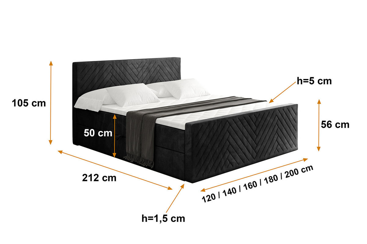 BOXBETT mit Matratze H4 und Lattenrost - VEXA-Z - 160x200 - Schwarz Casablanca - Schwarz, Holzwerkstoff (160/200cm) - ALTDECOR