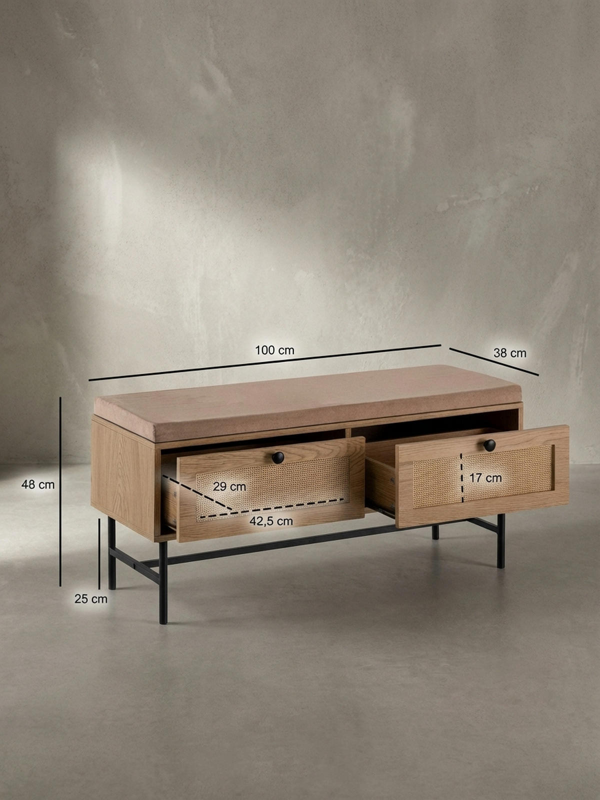 SCHUHBANK – 100x48x38 cm, Eiche-Dekor, Sitzfläche Stoff, mit Schubladen - Beige/Schwarz, Textil/Metall (100/48/38cm) - KADIMA DESIGN