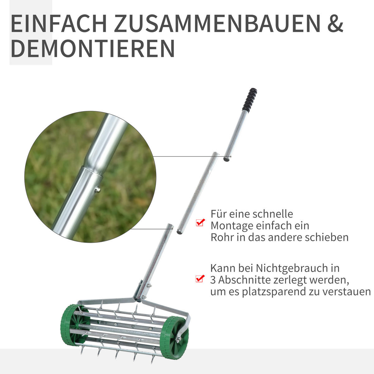 RASENLÜFTER Grifflänge, einstellbar Handvertikutierer, verzinktes Rohr, Grün+Silber - Silberfarben, Kunststoff (43.5/15/139cm) - Outsunny