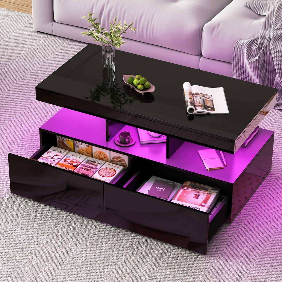 COUCHTISCH 104 x 53 x 46 cm, Wohnzimmertisch mit LED-Beleuchtung und Schubladen,Schwarz - Schwarz, Metall (104/53/46cm) - PARAFTA HOME