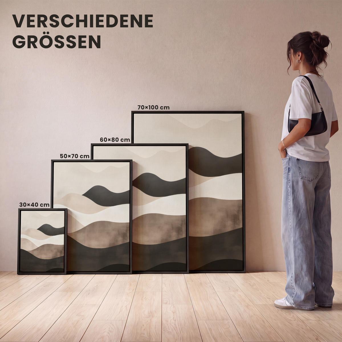 LEINWAND Bilder mit Rahmen - Abstrakt - Landschaft - Wellen - Cremefarben - 60x80 - Cappuccino, Textil (60/80cm) - MuchoWow