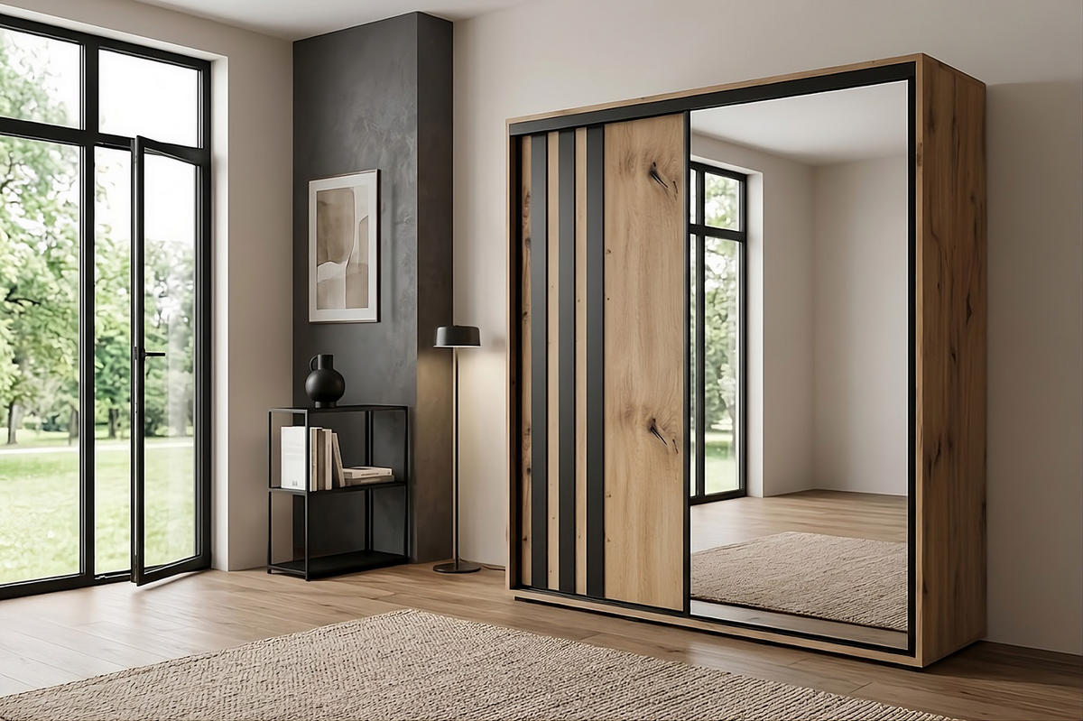 SCHIEBETÜRENSCHRANK - Artisan, Lamellen und Front Schwarz (A8) - Goldfarben, Holzwerkstoff (150/215/62cm)