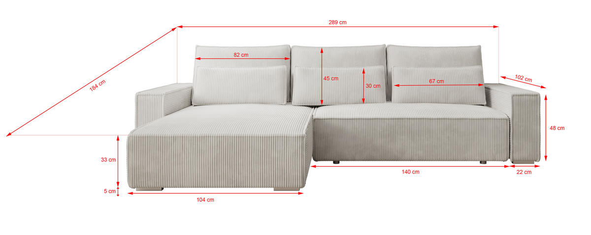 ECKSOFA Alice mit Bettkasten und Schlaffunktion, Cordstoff in L-Form - Creme, Textil (289/184cm)