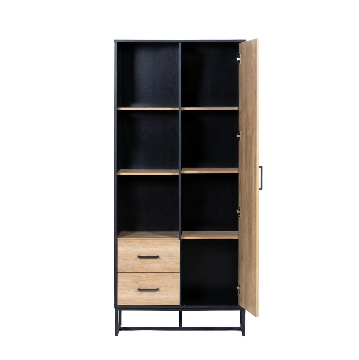 HIGHBOARD 80/40/180 cm in Holzoptik und Schwarz mit 2 Schubladen und 3 offenen Fächern - Schwarz, Holzwerkstoff (80/180/40cm) - Flora Grace