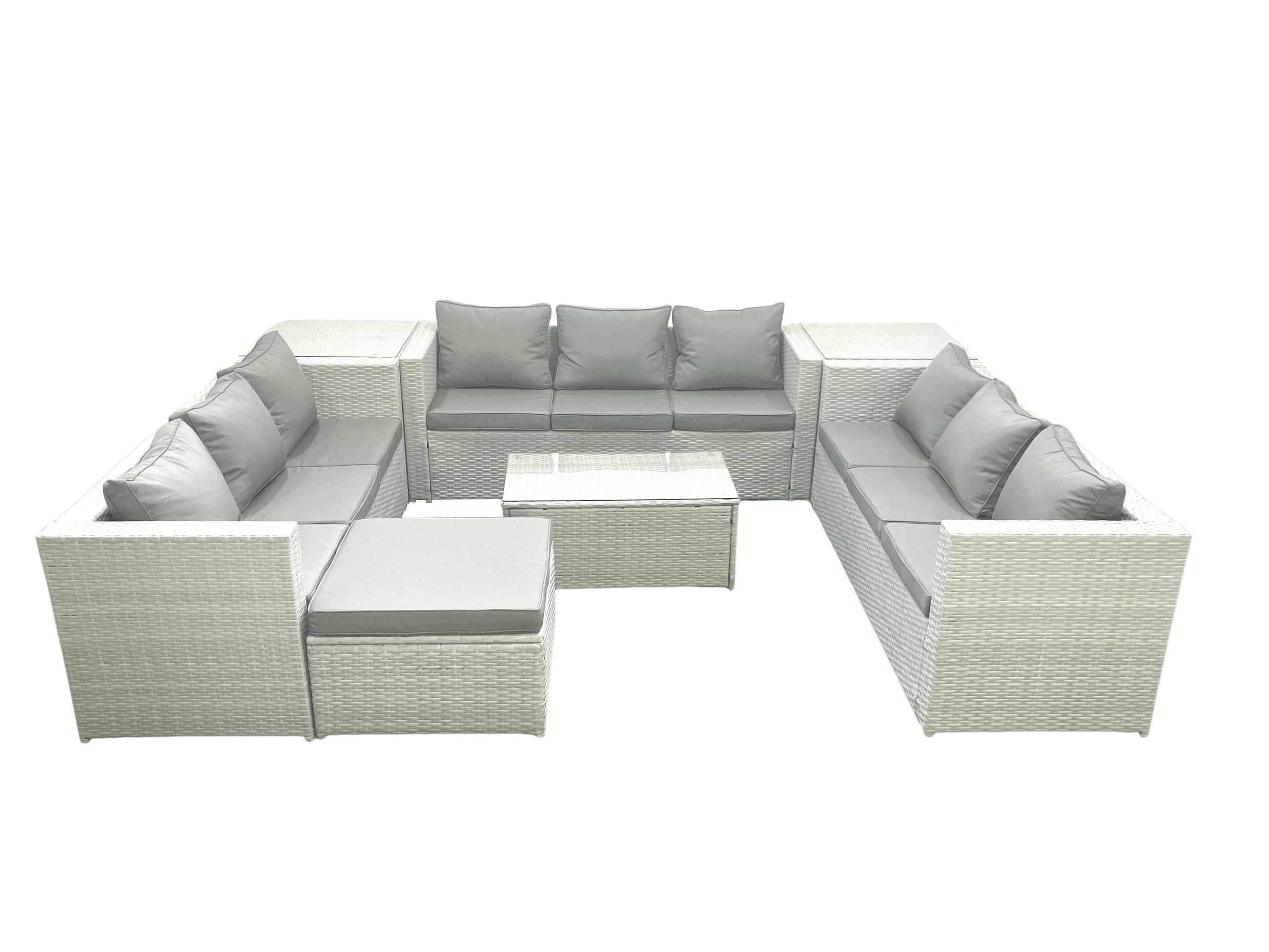 GARTENSET mit 3-SITZER SOFA,COUCHTISCH Polyrattan Hellgrau-Mix 10-Sitzer - Hellgrau/Grau, Glas/Kunststoff - Fimous
