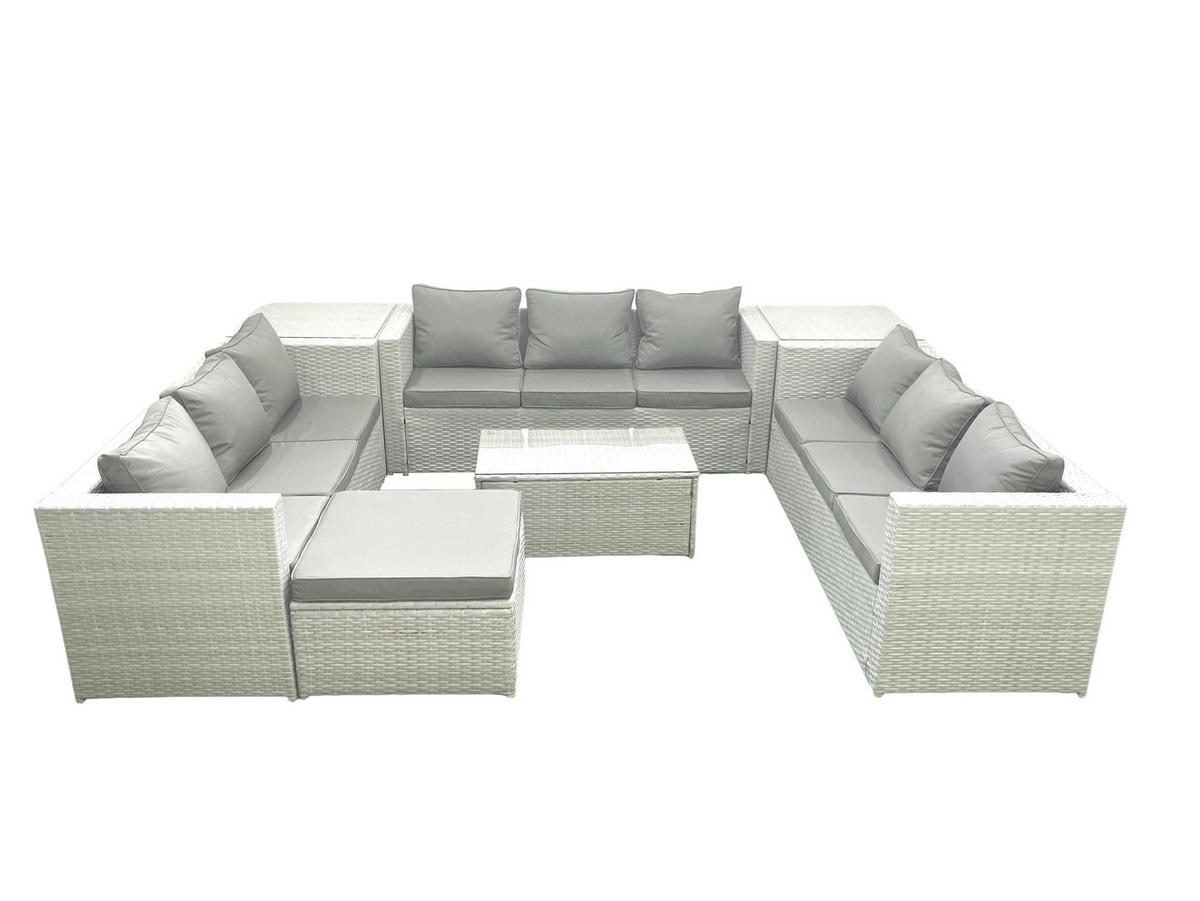 GARTENSET mit 3-SITZER SOFA,COUCHTISCH Polyrattan Hellgrau-Mix 10-Sitzer - Hellgrau/Grau, Glas/Kunststoff - Fimous