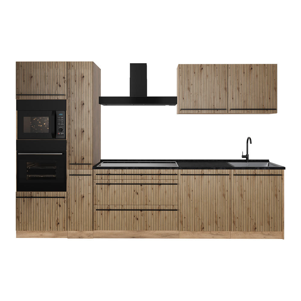 KÜCHENZEILE R-Line, Artisan-Eiche/Goldkraft Eiche, 310 cm ohne Arbeitsplatte - Honigeiche/Eiche Artisan, Holzwerkstoff (310/206.8/46cm) - Vicco