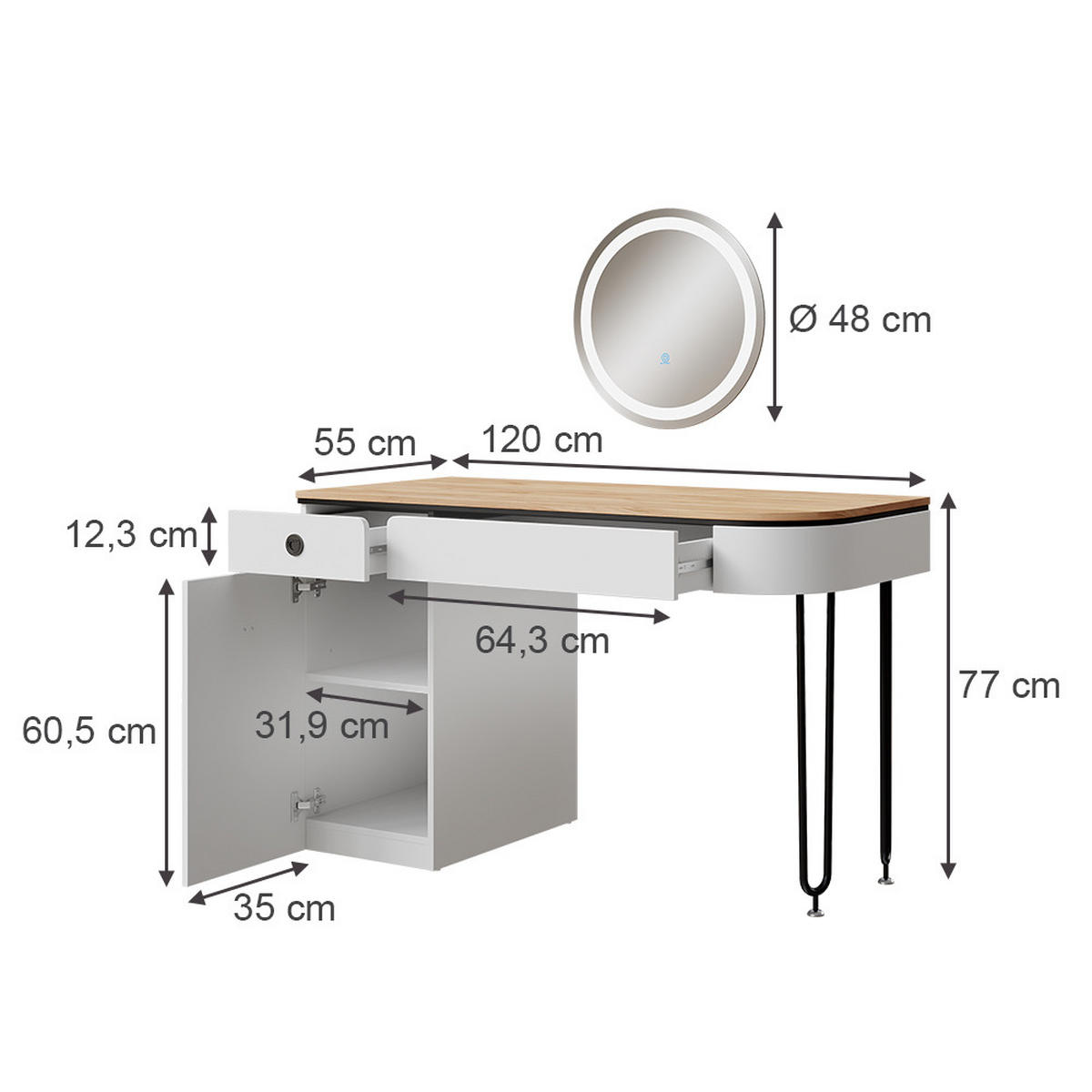 SCHMINKTISCH Mia Weiß/Naturholz 120 cm mit LED-Spiegel - Weiß/Naturfarben, Holzwerkstoff (120/77/55cm) - Vicco