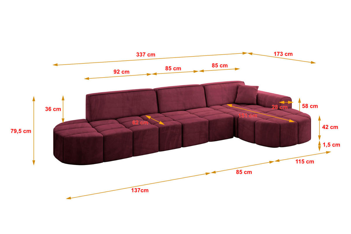 ECKSOFA Ottomane Rechts LIVO-L2 - 337x173x79,5 cm Bordeauxrot - Bordeaux, Holzwerkstoff/Textil (337/173cm) - ALTDECOR
