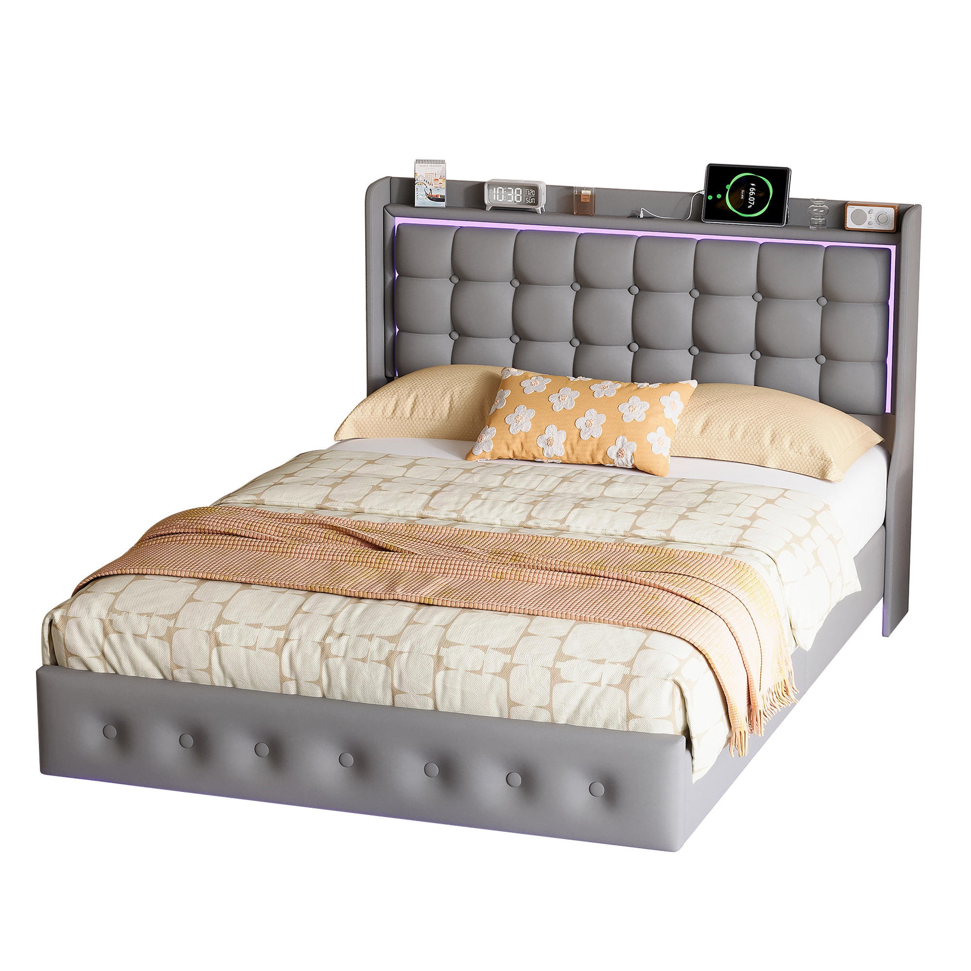 POLSTERBETT 140x200 cm - Polsterbettgestell mit LED-Kopfteil, USB-Anschlüssen und Lattenrost, Erwachsenen- und Jugendbett - Grey - Grau, Holzwerkstoff (140/200cm) - Brevoria
