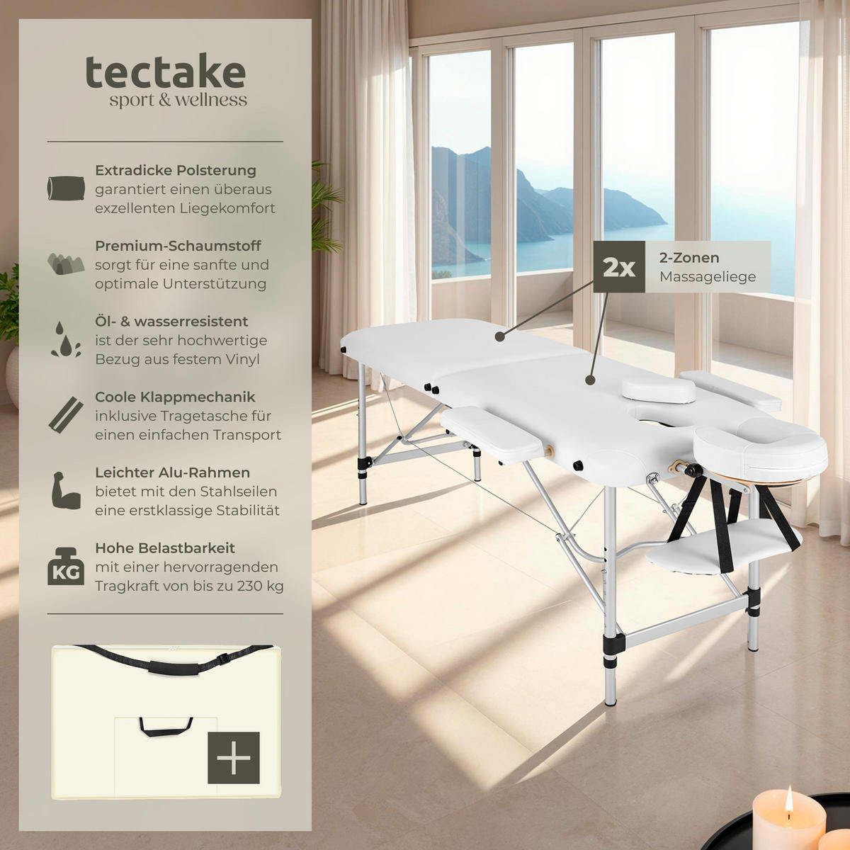 MASSAGELIEGE 2 Zonen, 210 x 95 x 89 cm,weiß - Weiß, Metall (60/89/205cm) - tectake