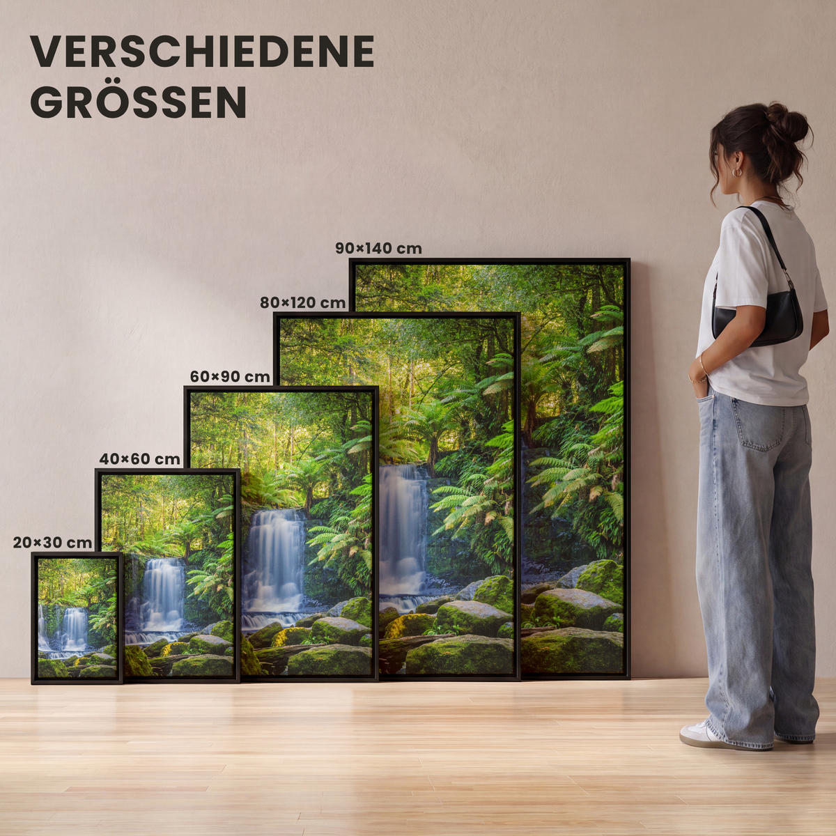 LEINWAND Bilder mit Rahmen - Dschungel - Wasserfall - Australien - Pflanzen - Natur - 20x30 - Dunkelgrün, Textil (20/30cm) - MuchoWow