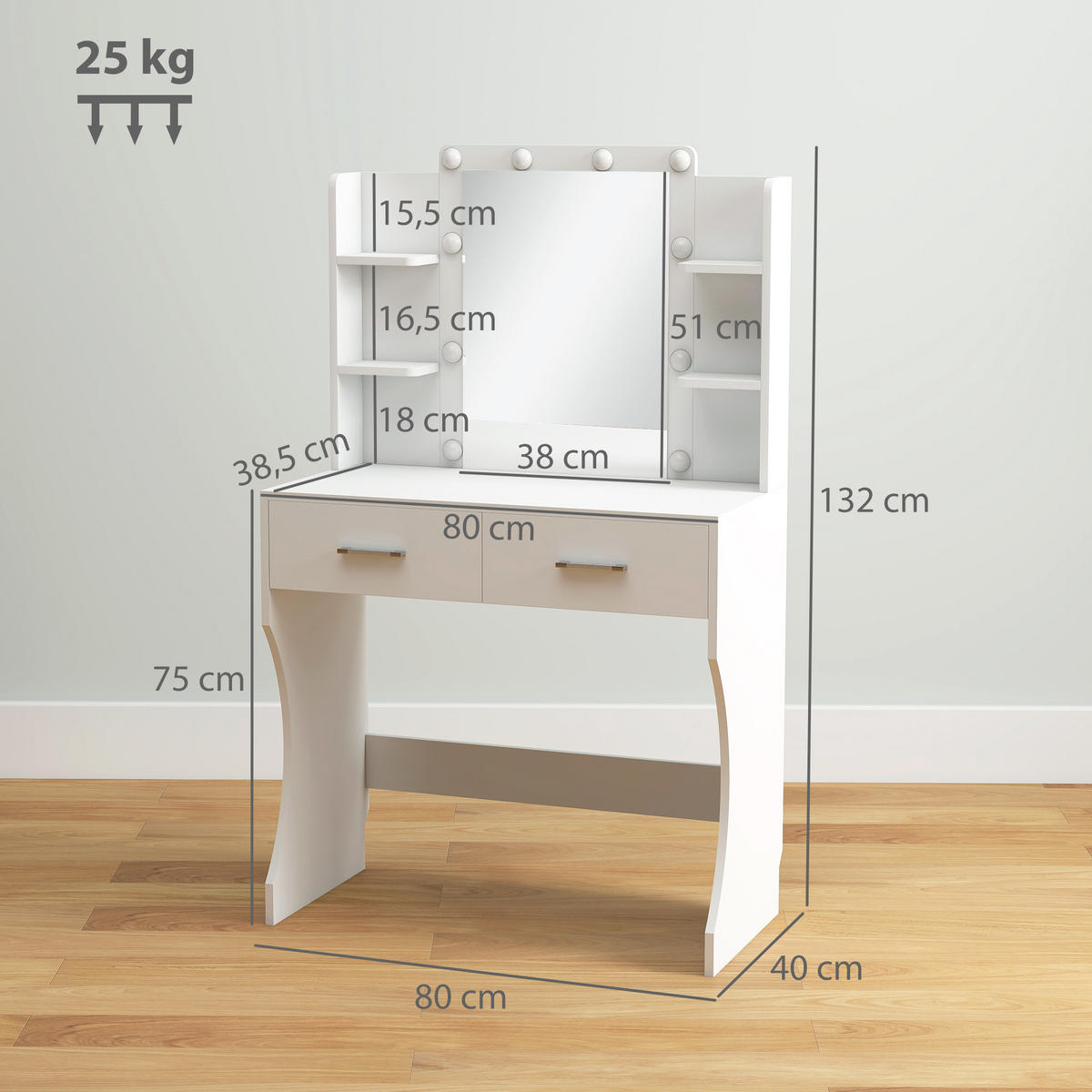 SCHMINKTISCH mit 2 Schubladen, Weiß - Weiß, Karton (40/132/80cm) - HOMCOM