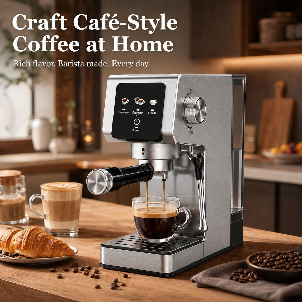 ESPRESSOMASCHINE 20 Bar, MIT TOUCHSCREEN UND MILCHAUFSCHÄUMER Heimische Küche - Schwarz, Metall (14.3/30.9/29.9cm) - Rolipo