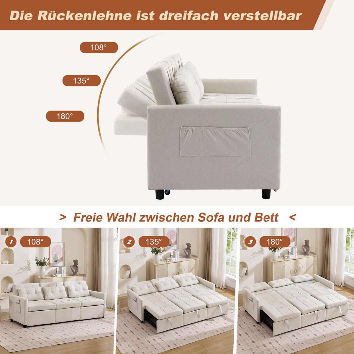 ECKSCHLAFSOFA 3-Sitzer Stoff mit verstellbarer Rückenlehne bis 180 Grad Beige 200/87/84,5 cm - Beige, Textil (87/200cm) - Redom