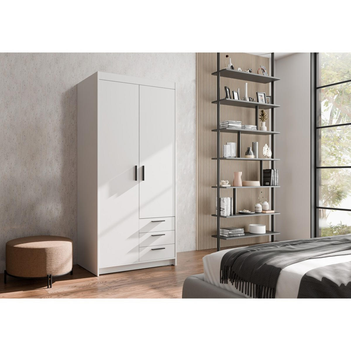DREHTÜRENSCHRANK Elena mit 2 Türen und 3 Schubladen, mit Spiegel Weiß - Weiß, Holzwerkstoff (90/190/53cm) - Beautysofa