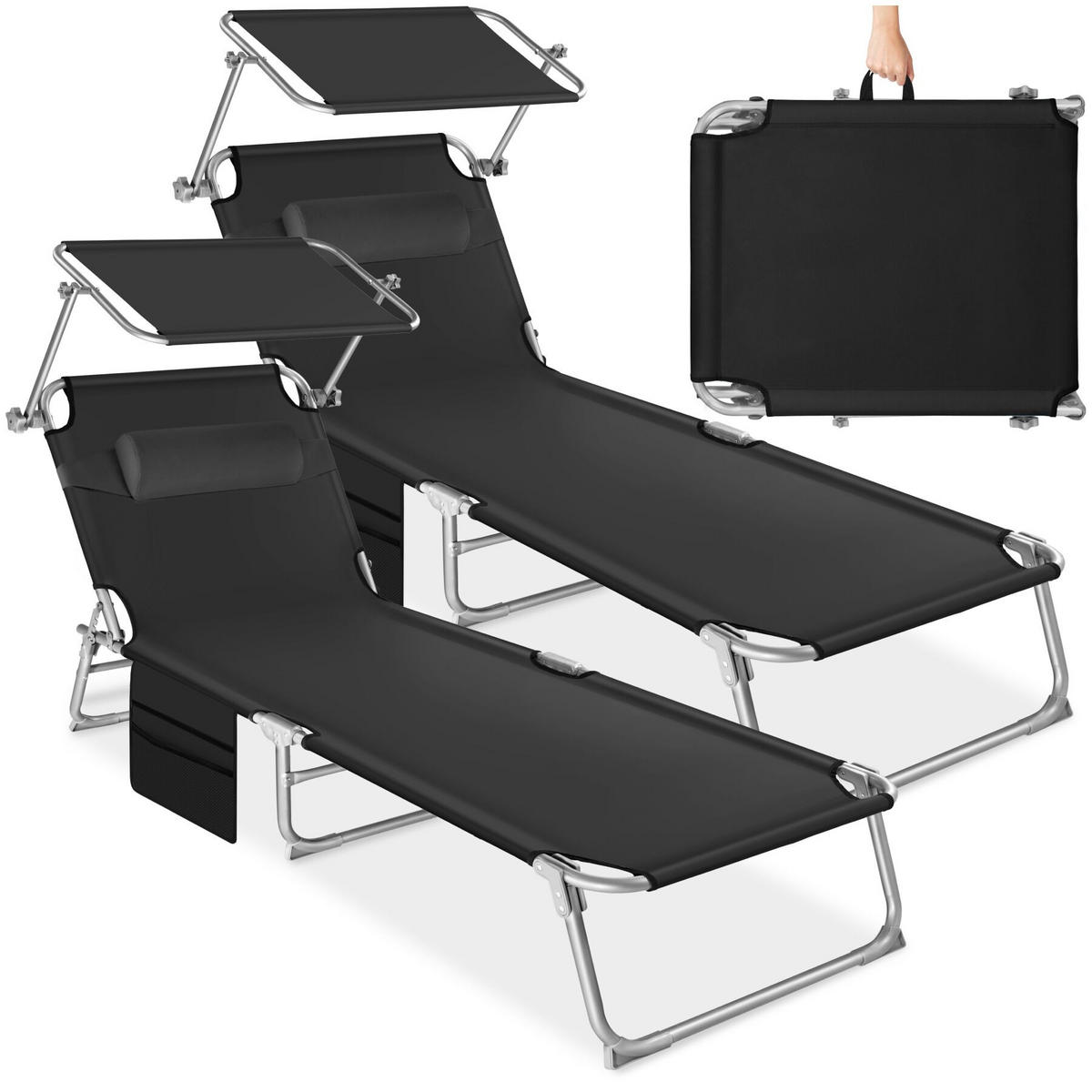 SONNENLIEGE 2er Set Chloé, 190 x 68 x 111 cm, mit Seitentasche, schwarz - Schwarz, Kunststoff (68/111/161cm) - tectake