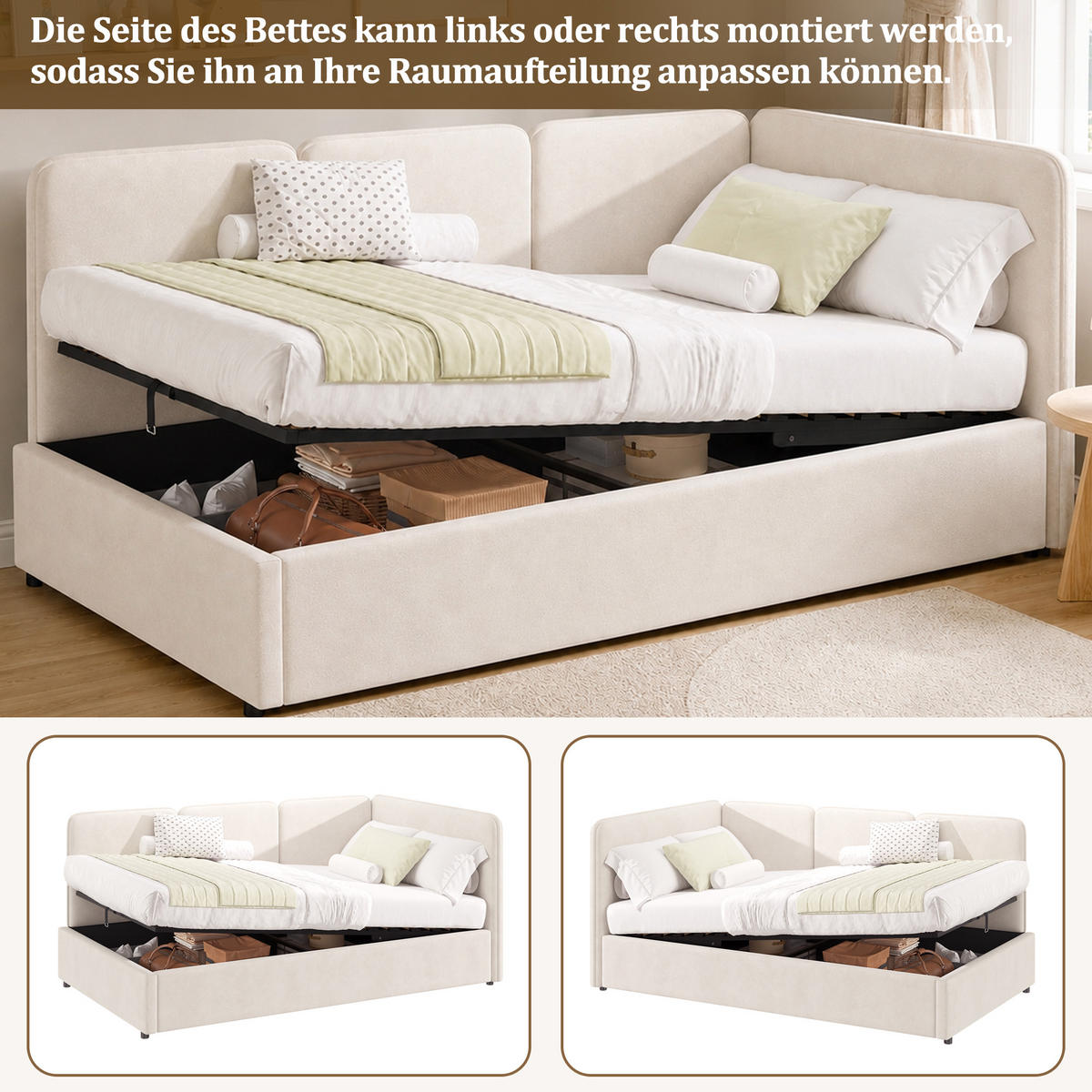 POLSTERBETT 90x200 Hydraulik Samt Beige - Beige, Textil (90/200cm) - FLIEKS