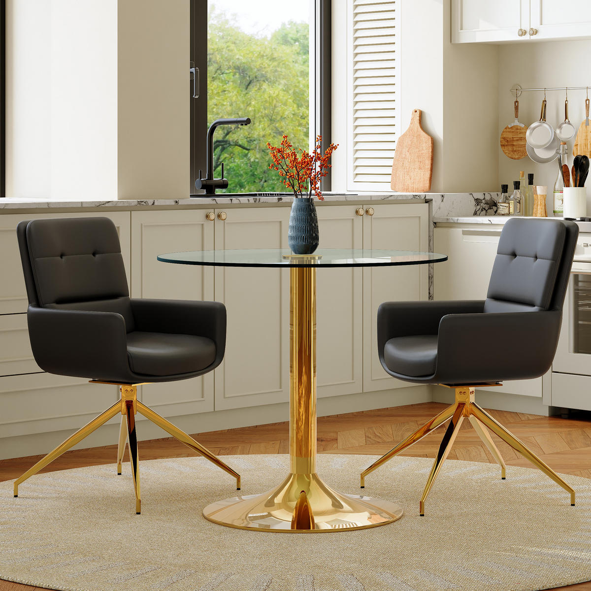 ESSGRUPPE DE-39476 3-teilig, Glastisch und 2 Drehstühlen mit Knopfverzierung Schwarz - Schwarz, Metall (85/75/85cm) - ComfortXL