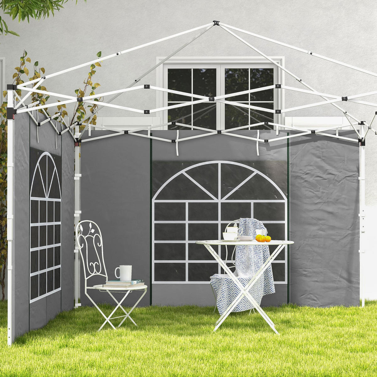 2 Seitenteile Seitenwände für 3x3/3x6m Pavillon, Seitenplanen mit Fenster, Tür - Hellgrau, Textil (1/195/295cm) - Outsunny