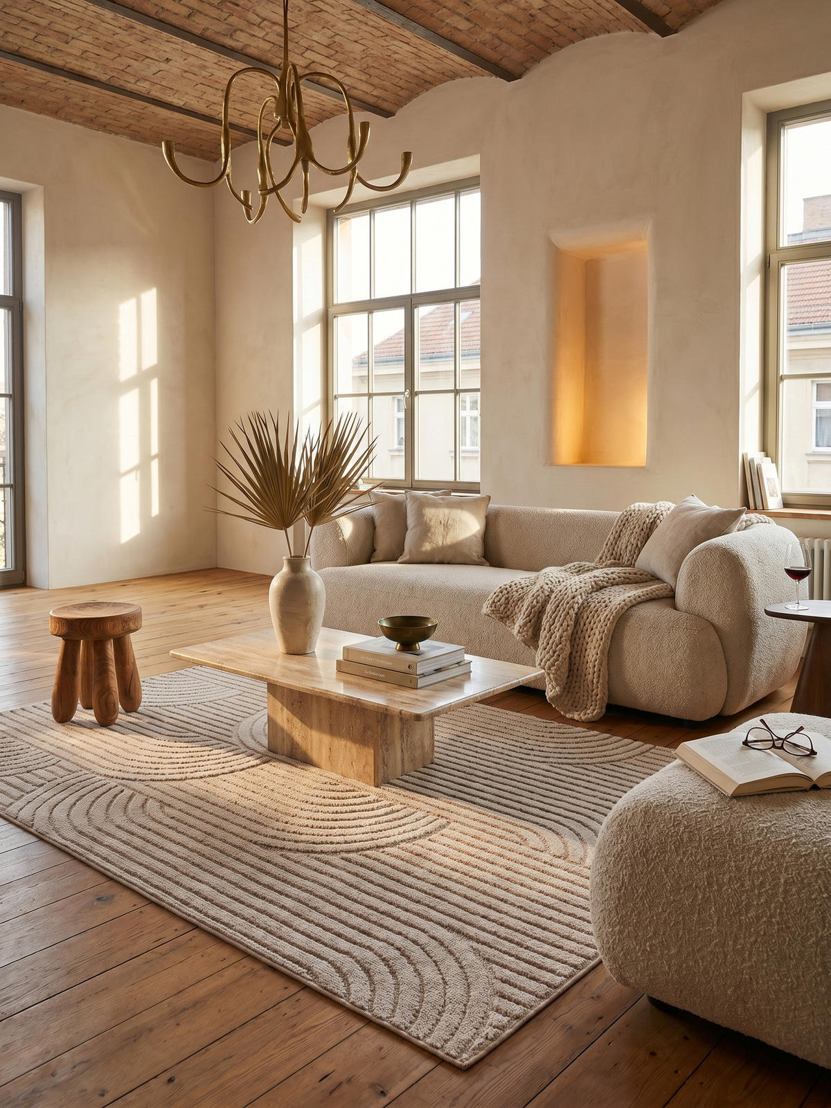 TEPPICH Flachgewebe LANGAU in Beige, mit geometrischen Bögen, 140 x 200 cm - Beige, Textil (140/200cm) - KADIMA DESIGN