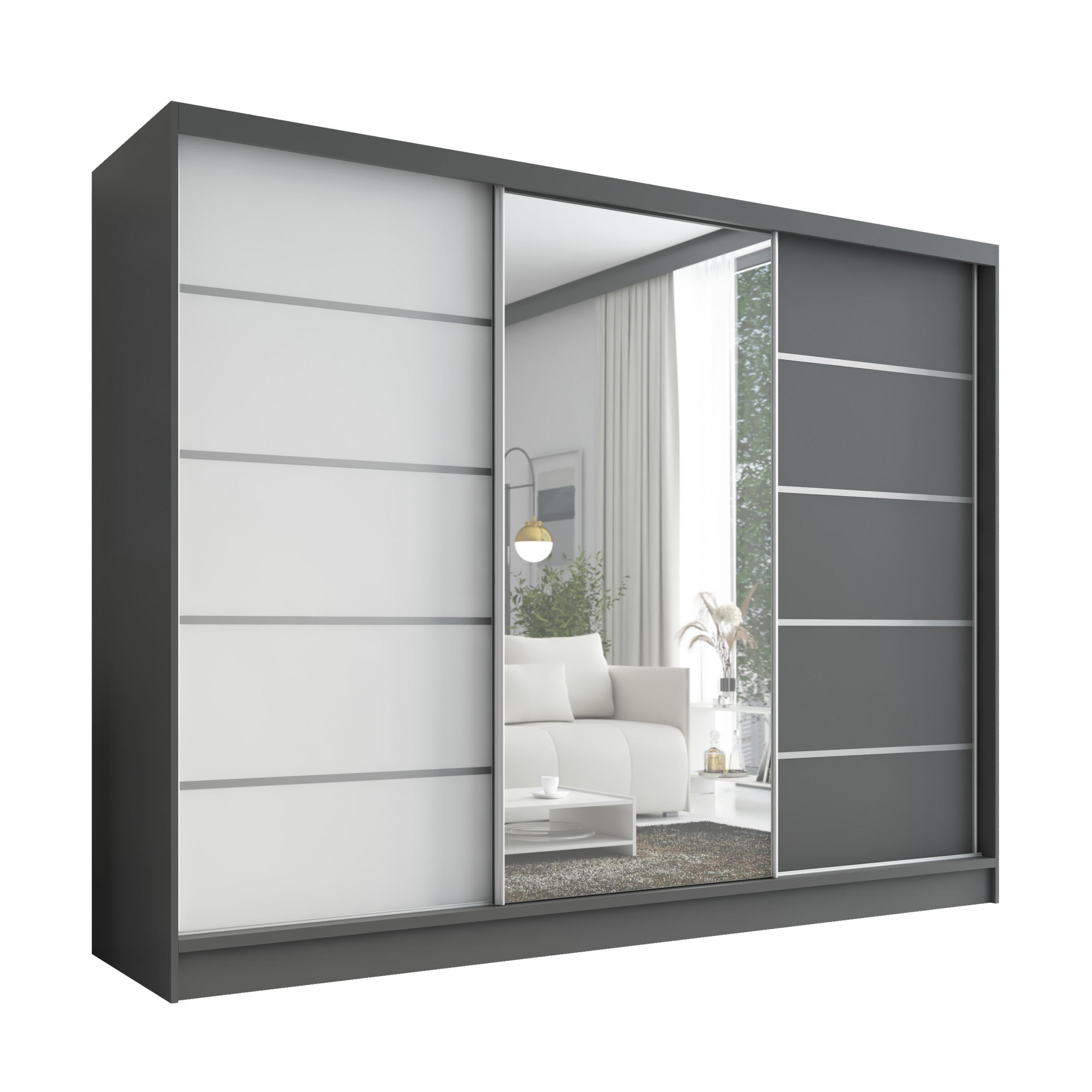 A&J MöbelLand Schwebetürenschrank Graphit, Weiß, Graphit 200x215x60 cm