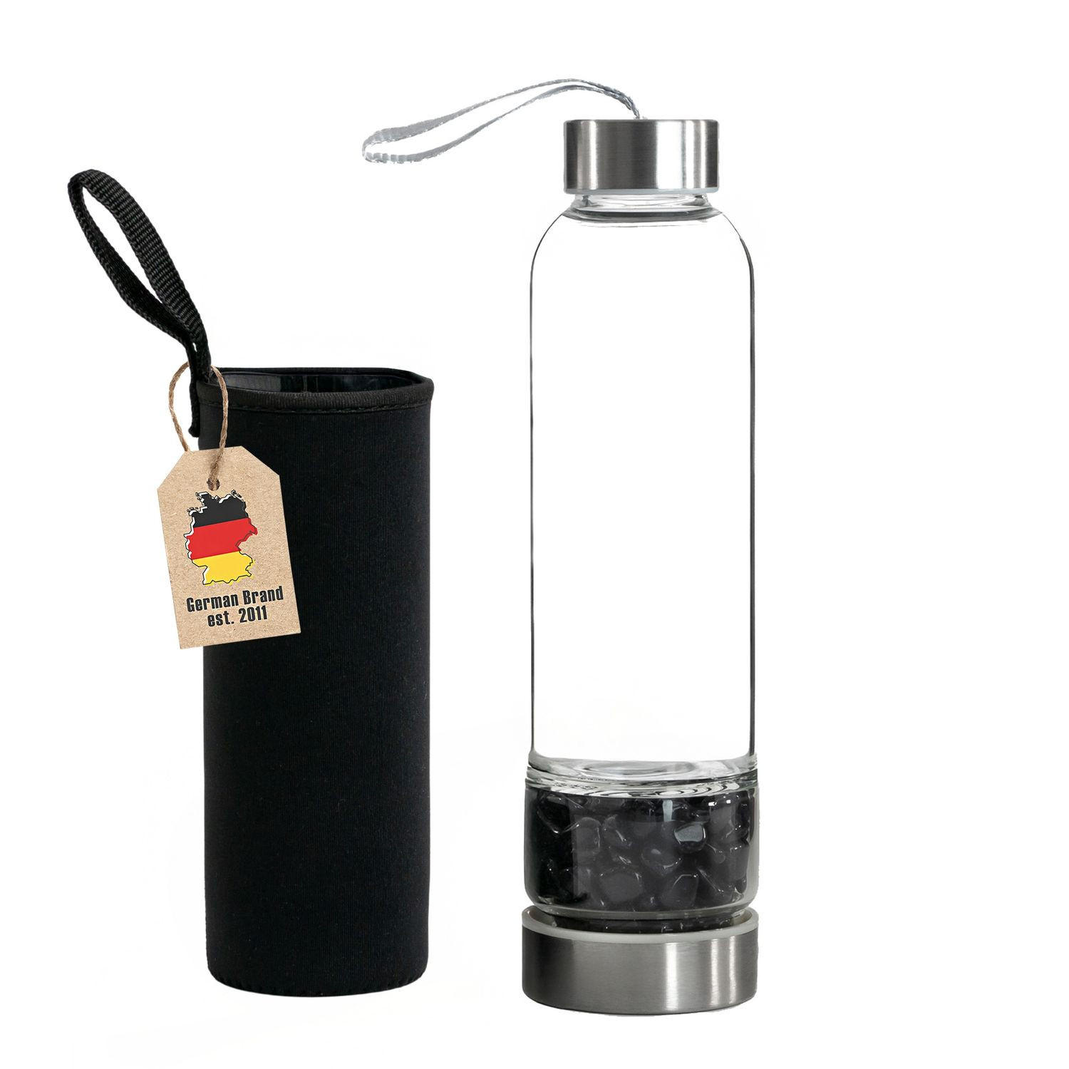 WASSERFLASCHE mit Heilsteinen und Tasche 400ml - Schwarz, Glas (0.4L) - Intirilife