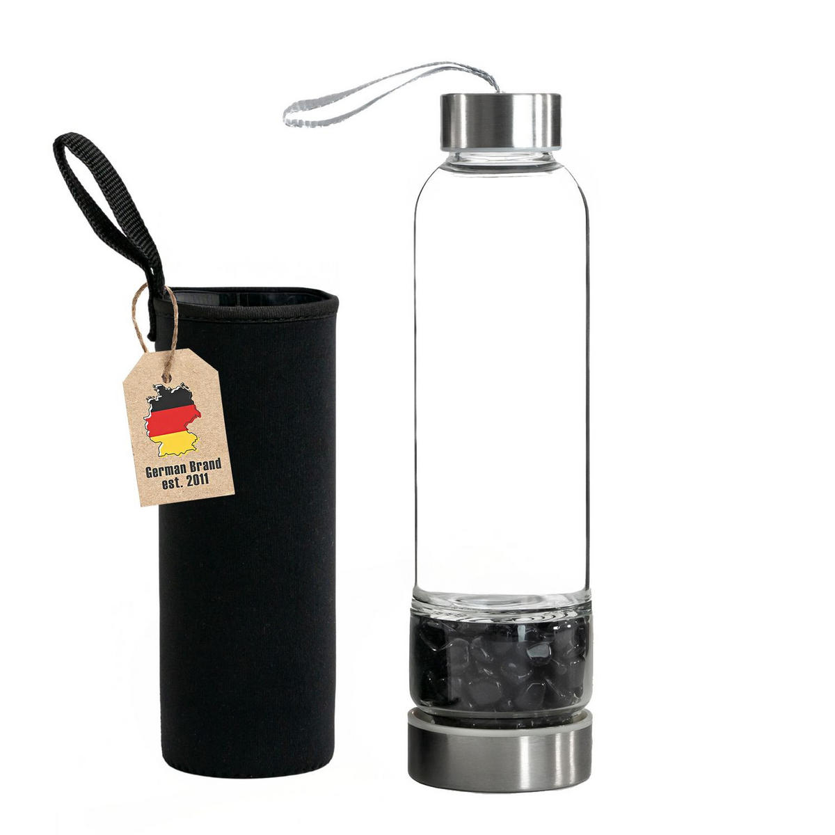 WASSERFLASCHE mit Heilsteinen und Tasche 400ml - Schwarz, Glas (0.4L) - Intirilife