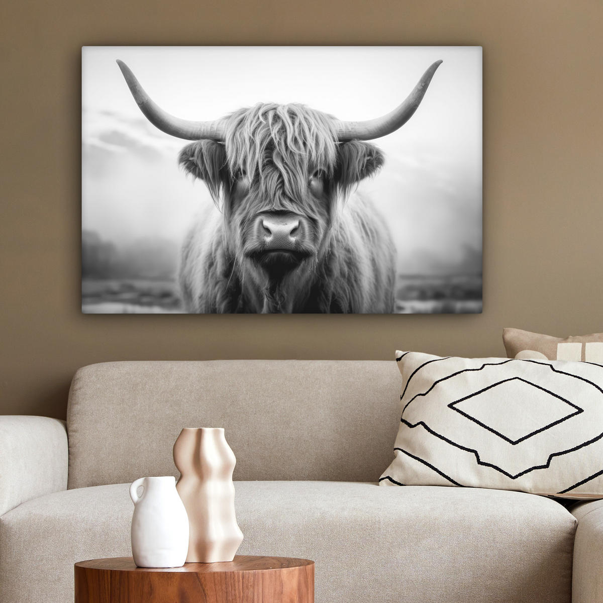 LEINWANDBILD - Schottischer Highlander - Nebel - Schwarz - Weiß - 60x40 - Wanddeko Schlafzimmer - Grau, Textil (60/40cm) - MuchoWow