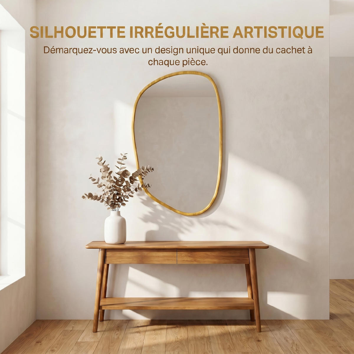 WANDSPIEGEL DE-14384 asymmetrisch mit Holzoptik-Rahmen Natur - Naturfarben, Kunststoff (60/90/2.5cm) - ComfortXL