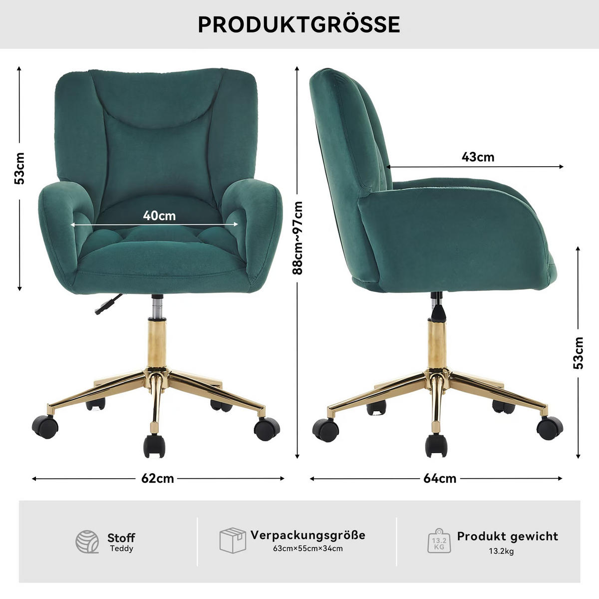 BÜROSTUHL Grün Höhenverstellbar - Grün, Metall (64/92.5/62cm) - PANGIVO