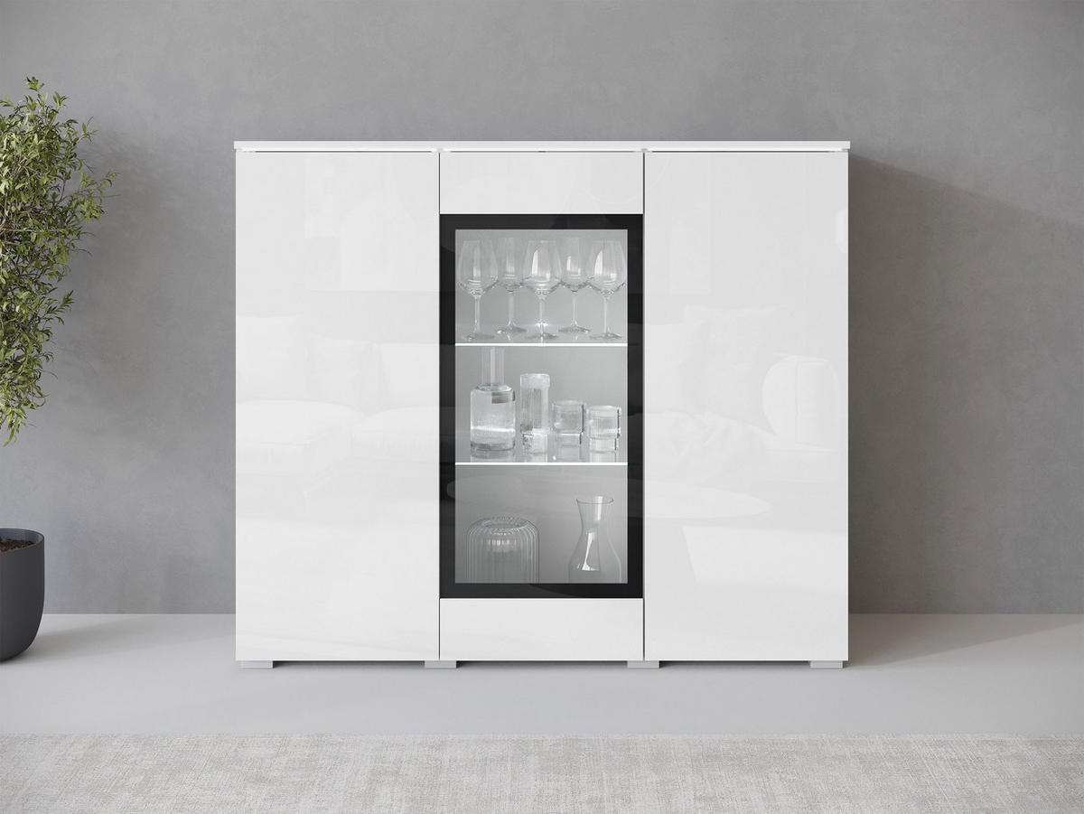 KOMMODE Vera 120 mit weißer LED Beleuchtung - Weiß Hochglanz/Silberfarben, Holzwerkstoff/Kunststoff (120/104/40cm) - MIRJAN24
